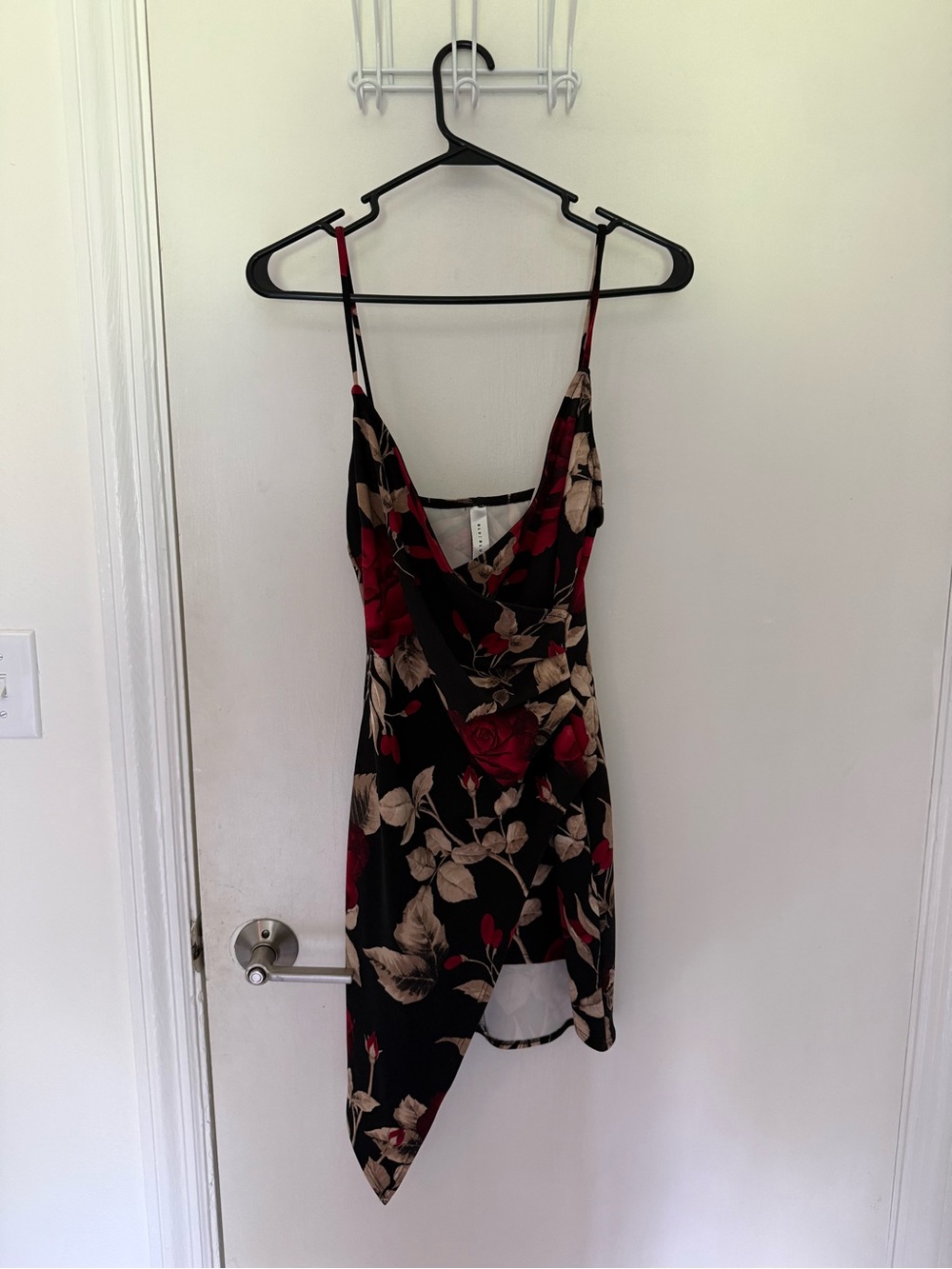 Blue Blush Black Asymmetrical Slip Dress with Red Rose Print